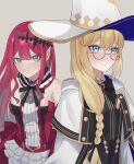  2girls absurdres baobhan_sith_(fate) blonde_hair blue_eyes blush breasts capelet commentary_request dress fate/grand_order fate_(series) frown fujiwara_nazuna glasses grey_background grey_eyes hair_over_shoulder hat highres light_smile long_hair looking_at_viewer multiple_girls pointy_ears red_dress red_hair round_eyewear sweatdrop tonelico_(fate) white_capelet white_headwear witch_hat 