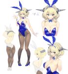  1girl absurdres animal_ears ass bare_legs black_pantyhose blonde_hair blue_bow blue_bowtie blue_eyes blue_leotard bow bowtie breasts cleavage colorado_(kancolle) commentary_request commission cowboy_shot detached_collar fishnet_pantyhose fishnets headgear highres kantai_collection kiyama_satoshi large_breasts leotard looking_at_viewer multiple_views pantyhose playboy_bunny rabbit_ears rabbit_tail short_hair side-tie_leotard simple_background skeb_commission smile standing strapless strapless_leotard tail upper_body white_background white_footwear white_leotard wrist_cuffs 
