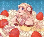  1girl bare_shoulders birthday_cake blonde_hair blue_eyes blunt_bangs bracelet buttons cake character_name collared_dress commentary_request crescent_moon dated dress elbow_gloves eyelashes food fruit gloves hair_ornament happy_birthday head_rest highres jewelry kila_sub light_blush long_hair lying macross macross_frontier moon on_stomach open_mouth sheryl_nome sidelocks solo strawberry teeth twitter_username upper_body upper_teeth_only wristband yellow_dress 