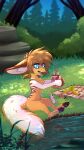  9:16 ambiguous_gender anthro bandanna blue_eyes canid canine coffee_cup container cup fennec fluffy fluffy_tail fox grass hi_res kerchief mammal mouse murid murine outside pawpads paws plant river rodent rukifox sitting solo tail tree 