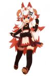  1girl :d ahoge animal_ears armlet bare_hips bare_shoulders black_gloves black_thighhighs blue_eyes blue_fire elbow_gloves fang fire fox_ears fox_girl fox_tail full_body geta gloves hair_ornament highres hip_vent imibi_(zizi_niisan) jewelry katana long_hair looking_at_viewer multicolored_hair multiple_tails open_mouth original outline pendant red_hair rope sheath sheathed shimenawa shuriken shuriken_hair_ornament simple_background skirt smile solo standing sword tail teeth thighhighs two-tone_hair very_long_hair weapon white_background white_hair zettai_ryouiki zizi_niisan 