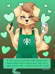  absurd_res anonymous_artist anthro beverage big_breasts bird_dog blonde_hair blush breasts brown_eyes canid canine canis coffee dialogue domestic_dog female floppy_ears fur golden_retriever hair hi_res hunting_dog labrador looking_at_viewer mammal meme mugdoggo retriever solo starbucks yellow_body yellow_fur 