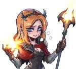  1girl alternate_costume blonde_hair blue_eyes blush breasts brown_shirt capelet cleavage commentary crazy_eyes crown gem grin hands_up holding holding_staff league_of_legends light long_hair lux_(league_of_legends) magic medium_breasts parted_bangs phantom_ix_row red_capelet shirt small_breasts smile solo staff sweat symbol-only_commentary teeth 
