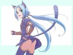  1girl animal_ears ass blue_hair cat_ears cat_tail fingerless_gloves from_behind full_body gloves highres kaien_advance long_hair looking_at_viewer low_twintails meracle_chamlotte open_mouth panties smile solo star_ocean star_ocean_the_last_hope tail thighhighs twintails underwear 