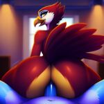  anal anal_penetration animal_humanoid anthro avian avian_humanoid blue_body blue_feathers blurred_background butt butt_focus dirtyclone_(artist) feathers female humanoid looking_at_viewer looking_back male male/female penetration red_body red_feathers 