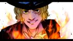  1boy ascot black_eyes black_headwear commentary fire goggles goggles_on_headwear hat highres letterboxed looking_at_viewer male_focus mishailla one_piece sabo_(one_piece) scar scar_across_eye scar_on_face signature smile solo teeth top_hat 