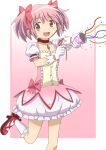  1girl flat_chest gloves highres kaname_madoka magia_record:_mahou_shoujo_madoka_magica_gaiden mahou_shoujo_madoka_magica open_mouth party_popper pink_eyes pink_hair riokasen shaft short_hair skirt solo tagme thighs white_gloves 