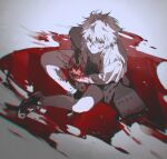  1boy assassin black_eyes black_footwear black_shorts blood blood_on_arm blood_on_clothes blood_on_face blood_on_ground blood_on_hands blood_on_leg closed_mouth commentary dated expressionless hair_between_eyes heart highres holding holding_heart hunter_x_hunter killua_zoldyck looking_at_viewer male_focus mei_ren outdoors shirt short_hair short_sleeves shorts sitting solo white_hair white_shirt 