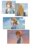  1boy 1girl blonde_hair brown_hair closed_mouth cloud collarbone day earrings facing_away green_shirt highres jewelry link long_hair looking_at_viewer looking_up outdoors pointy_ears ponytail princess_zelda psp26958748 shirt the_legend_of_zelda the_legend_of_zelda:_breath_of_the_wild 