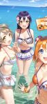  3girls :d absurdres bikini bikini_skirt blue_eyes blue_hair blush bow bow_bikini breasts brown_hair collarbone commentary_request day embarrassed flower hair_between_eyes hair_flower hair_ornament highres holding holding_phone knees_together_feet_apart kousaka_honoka long_hair love_live! love_live!_school_idol_project medium_breasts medium_hair minami_kotori multiple_girls navel ocean one_side_up open_mouth orange_hair outdoors phone scrunchie selfie smile sonoda_umi stomach swimsuit teeth upper_teeth_only v wading wedo wrist_scrunchie yellow_eyes 