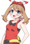  1girl :d bare_arms blue_eyes blush bow_hairband breasts collarbone commentary eyelashes fanny_pack hairband highres may_(pokemon) open_mouth pokemon pokemon_(game) pokemon_oras red_hairband red_shirt shirt sleeveless sleeveless_shirt smile solo tongue yellow_bag yuihico 