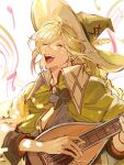  1boy :d ^_^ blonde_hair blush braid caro_(granblue_fantasy) cloak closed_eyes collared_cloak cunonn granblue_fantasy green_cloak green_headwear happy_tears instrument long_hair lute_(instrument) male_focus music musical_note playing_instrument pointy_hat single_braid smile solo staff_(music) swept_bangs tears teeth upper_body upper_teeth_only white_background 