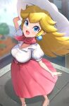  1girl :d blonde_hair blue_eyes breasts day earrings from_above gonzarez hat high_heels highres jewelry large_breasts lips long_hair long_skirt looking_at_viewer mario_(series) open_mouth outdoors pink_lips pink_skirt princess_peach shirt skirt smile solo sun_hat super_mario_odyssey white_headwear white_shirt 