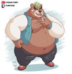  anthro ashigara bare_chest bear belly body_hair brown_body brown_fur chest_hair cigarette eyebrows fur green_hair hair hi_res lifewonders male mammal musclegut navel nipples pecs smoking solo stompsthecroc thick_eyebrows tokyo_afterschool_summoners 
