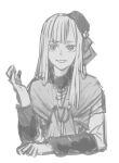  1girl capelet fate_(series) fur_collar greyscale grin hand_up hat highres long_hair long_sleeves looking_at_viewer lord_el-melloi_ii_case_files monochrome osionopan reines_el-melloi_archisorte smile solo teeth white_background 