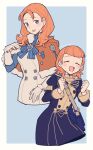  2girls annette_fantine_dominic bag blue_background blue_ribbon blue_sleeves blush border buttons capelet closed_eyes do_m_kaeru dress dual_persona fire_emblem fire_emblem:_three_houses fur-trimmed_capelet fur-trimmed_sleeves fur_trim garreg_mach_monastery_uniform gloves grey_eyes hair_rings long_hair long_sleeves looking_at_viewer multiple_girls neck_ribbon open_mouth orange_capelet orange_hair ribbon school_bag short_hair simple_background smile time_paradox twitter_username uniform white_border white_dress white_gloves 