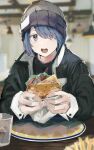  1girl absurdres beanie blue_hair blurry blurry_background burger food hat highres holding holding_food indoors jacket leadin_the_sky open_mouth pink_eyes shima_rin solo sweater turtleneck turtleneck_sweater yurucamp 