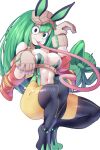  1girl alternate_costume animal_ears asui_tsuyu black_eyes boku_no_hero_academia breasts brown_gloves center_opening cleavage commentary english_commentary fake_animal_ears gloves green_hair highres hot_vr large_breasts long_hair long_tongue looking_at_viewer navel patreon_username rabbit_ears simple_background solo tongue very_long_tongue white_background 
