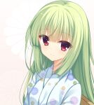  1girl alternate_costume blue_kimono blunt_bangs blunt_ends blush cariboy chinese_commentary close-up closed_mouth commentary_request eyelashes eyes_visible_through_hair floral_print green_hair hair_down hime_cut japanese_clothes kikumon kimono long_hair looking_at_viewer murasame_(senren) pink_background red_eyes senren_banka sidelocks simple_background smile solo straight_hair very_long_hair 