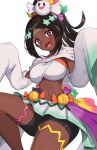  +_+ 1girl absurdres bare_shoulders black_hair black_shorts breasts commentary_request crop_top dark_skin fire_emblem fire_emblem_engage fire_emblem_heroes gonzarez gradient_skirt head_tilt highres large_breasts long_hair long_sleeves midriff navel official_alternate_costume open_mouth pink_eyes ponytail short_shorts shorts sidelocks simple_background skirt sleeves_past_fingers sleeves_past_wrists solo stomach thighs timerra_(fire_emblem) white_background white_skirt 