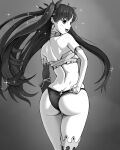  1girl :d absurdres adjusting_clothes adjusting_swimsuit armlet ass back bikini black_bikini earrings elbow_gloves fate/grand_order fate_(series) floating_hair from_behind gloves greyscale hair_ribbon highres hoop_earrings ishtar_(fate) jewelry l2tp long_hair looking_to_the_side mismatched_bikini monochrome open_mouth ribbon single_elbow_glove single_thighhigh skindentation smile sparkle swimsuit thigh_gap thighhighs two_side_up very_long_hair 
