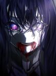  1girl absurdres blood blood_drip blood_from_mouth blood_on_clothes blood_on_face close-up commentary crying dying ela_(lilyvalley8) eyelashes highres hoshino_ai_(oshi_no_ko) long_hair messy_hair multicolored_eyes oshi_no_ko pink_eyes purple_eyes purple_hair solo spoilers star-shaped_pupils star_(symbol) symbol-shaped_pupils teeth 