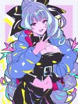  1girl belt black_belt black_bow black_shorts blue_hair blue_jacket bow breasts cleavage cleavage_cutout clothing_cutout don_(rg06268) eyeshadow hair_bow highres hood hood_down hooded_jacket jacket long_hair looking_at_viewer macross macross_delta makeup medium_breasts midriff mikumo_guynemer multi-tied_hair multicolored_hair navel open_mouth ponytail purple_eyes purple_eyeshadow purple_hair shorts solo split_ponytail streaked_hair very_long_hair w 