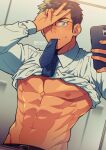  1boy abs bara bathroom belt blue_necktie blush clothes_lift collared_shirt dark-skinned_male dark_skin glasses gradient_hair hand_over_eye highres kiri_futoshi large_pectorals long_sideburns male_focus mouth_hold multicolored_hair muscular muscular_male navel necktie necktie_in_mouth nipples original pectorals photo_background salaryman selfie shirt shirt_lift short_hair sideburns solo stomach sweatdrop thick_eyebrows underpec v white_shirt 