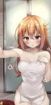  1girl alternate_breast_size arm_up blush breast_hold breasts cleavage collarbone cowboy_shot crossed_bangs curvy eyelashes eyes_visible_through_hair glass_door hair_between_eyes hair_down highres inaba_meguru large_breasts long_hair looking_at_viewer naked_towel open_mouth orange_eyes orange_hair rubber_duck sanoba_witch shower_(place) sitting solo straight-on tile_wall tiles towel wavy_hair wet wet_hair yosh1na 