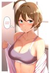  1girl ahoge blush braid breasts breath brown_hair cleavage collarbone green_eyes grey_sports_bra highres idolmaster idolmaster_million_live! indoors karua_(karua23) linea_alba looking_at_viewer medium_breasts open_clothes open_shirt sakuramori_kaori shirt_hold solo sports_bra sunlight sweatdrop thought_bubble upper_body 