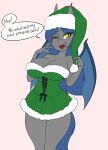  anthro bat_pony breasts christmas christmas_clothing christmas_headwear cleavage clothed clothing dialogue equid fan_character female hair hasbro hat headgear headwear hi_res holidays mammal my_little_pony open_mouth purple_hair racket_rhine santa_hat skecchiart smile solo standing yellow_eyes 