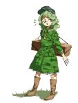  1girl blush_stickers boots brown_footwear camouflage camouflage_headwear camouflage_shirt camouflage_skirt full_body green_eyes green_hair green_headwear green_shirt green_skirt half-closed_eye hat key long_sleeves medium_hair nama_udon open_mouth shirt simple_background skirt solo standing touhou unconnected_marketeers white_background yamashiro_takane 