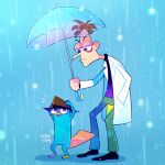  2boys aqua_pants aqua_skin artist_name black_shirt brown_hair brown_headwear fedora hat heinz_doofenshmirtz holding holding_umbrella lab_coat multiple_boys orange_tail otoe_(milkyboy_inc.) pants perry_the_platypus phineas_and_ferb platypus rain shirt short_hair umbrella 