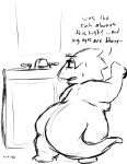  alphys anthro bathroom black_and_white breasts convenient_censorship english_text female hi_res implied_gender_transformation implied_transformation inside kimochitsuki mirror monochrome nipples nude scalie short_stack shrunk side_boob sink slightly_chubby solo text thick_thighs undertale_(series) waking_up wide_hips 