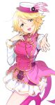  1girl blonde_hair blush boots breasts cowboy_shot dot_nose green_eyes hands_up hat hat_feather idolmaster idolmaster_cinderella_girls idolmaster_cinderella_girls_starlight_stage jacket large_breasts leg_up long_sleeves looking_at_viewer open_hand open_mouth pink_footwear pink_jacket reaching reaching_towards_viewer shiman short_hair simple_background skirt smile solo sparkle standing standing_on_one_leg umeki_otoha white_background white_headwear white_skirt 