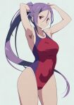  1girl alternate_costume armpits arms_behind_head arms_up blue_one-piece_swimsuit breasts closed_mouth collarbone competition_swimsuit hair_between_eyes hair_ornament highleg highleg_swimsuit long_hair mito_(sao) one-piece_swimsuit ponytail puge purple_hair red_eyes red_one-piece_swimsuit simple_background smile solo swimsuit sword_art_online sword_art_online_progressive two-tone_swimsuit very_long_hair x_hair_ornament 