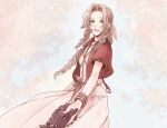  1boy 1girl aerith_gainsborough ancotsubu artist_name bangle black_gloves bracelet braid braided_ponytail breasts brown_hair buttons choker cloud_strife cowboy_shot cropped_jacket dress final_fantasy final_fantasy_vii final_fantasy_vii_remake flower_choker gloves hair_ribbon holding_hands jacket jewelry long_dress long_hair looking_at_viewer medium_breasts open_mouth outdoors parted_bangs pink_dress pink_ribbon red_jacket ribbon short_sleeves sidelocks single_braid smile solo_focus twitter_username wavy_hair 