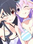  2girls bare_shoulders bikini black_hair blush breasts d-pad d-pad_hair_ornament hair_between_eyes hair_ornament iwashi_dorobou_-r- long_hair looking_at_viewer multiple_girls nepgear neptune_(series) one_eye_closed purple_eyes purple_hair red_eyes sidelocks small_breasts swimsuit tongue tongue_out uni_(neptune_series) very_long_hair 