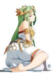  1girl alternate_eye_color armlet ass automatic_giraffe bare_shoulders forehead_jewel green_hair highres jewelry kid_icarus kid_icarus_uprising lying palutena pendant simple_background single_thighhigh smile solo thighhighs white_background 