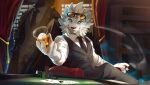  anthro beverage black_necktie black_nose blue_eyes blue_inner_ear bottomwear cigar clothed clothing duo eyewear eyewear_on_head felid fur glistening glistening_eyes grey_bottomwear grey_clothing grey_pants grey_topwear grey_vest hi_res holding_beverage holding_cigar holding_object kuttoyaki lion male mammal mane necktie pantherine pants raigar sitting smoke solo_focus sunglasses sunglasses_on_head topwear vest white_body white_clothing white_ears white_fur white_mane white_topwear 