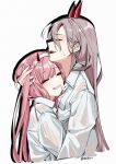  2girls :d absurdres chainsaw_man closed_eyes commentary_request darling_in_the_franxx from_side grey_hair grin hairband highres horns hug long_hair multiple_girls pink_hair power_(chainsaw_man) sharp_teeth shirt simple_background smile suyujiu_u teeth very_long_hair white_background white_hairband white_shirt yuri zero_two_(darling_in_the_franxx) 