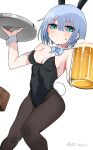  1girl alcohol animal_ears aqua_eyes beer beer_mug black_leotard black_pantyhose blue_bow blue_bowtie blue_hair bow bowtie breasts cup detached_collar feet_out_of_frame highres holding jamongssui leotard looking_at_viewer medium_breasts mug original pantyhose playboy_bunny rabbit_ears rabbit_tail short_hair simple_background solo strapless strapless_leotard tail tray white_background wrist_cuffs 