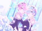  2girls black_dress blue_eyes closed_mouth detached_sleeves dress frilled_sleeves frills hair_ornament hair_over_one_eye hairclip highres maid_headdress multiple_girls no_nose petals pink_eyes pink_ribbon ram_(re:zero) re:zero_kara_hajimeru_isekai_seikatsu rem_(re:zero) ribbon roswaal_mansion_maid_uniform short_hair siblings sisters smile twins window yunpoke 