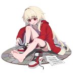  1girl absurdres blonde_hair blush clara_(honkai:_star_rail) cokeanut10 collarbone commentary english_commentary english_text eyelashes feet full_body hair_intakes highres honkai:_star_rail honkai_(series) jacket knee_up legs long_hair long_sleeves on_ground red_eyes red_footwear red_jacket shadow shoes sidelocks single_shoe sitting sneakers soles solo sweatdrop thigh_strap thighs toes tying_footwear white_footwear 