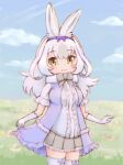  1girl animal_ears blue_sky blush bow bowtie breasts center_frills cloud cloudy_sky day dress field flower flower_field frills fur_collar gloves grass grey_hair highres kemono_friends kemono_friends_3 large_breasts long_hair looking_at_viewer meadow multicolored_hair nature on_grass outdoors rabbit_ears rabbit_girl scenery shirt skirt sky smile snowshoe_hare_(kemono_friends) solo tail white_gloves white_hair yellow_eyes zzz_ansh 