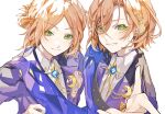  2boys aoi_hinata aoi_yuta blue_jacket brothers closed_mouth crescent crescent_pin daifugo_happy ensemble_stars! green_eyes headset highres idol_clothes jacket long_sleeves looking_at_viewer multiple_boys open_mouth orange_hair short_hair siblings smile teeth twins 