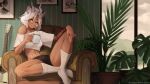  1girl abs absurdres animal_ears arm_tattoo breasts chair cropped_shirt cup dragon_girl dragon_horns flower_pot glasses grey_hair guitar highres holding holding_cup horns indie_virtual_youtuber indoors instrument looking_at_viewer medium_breasts mug navel peasantnanodesu picture_frame plant potted_plant sansin_jin short_hair shorts sitting smile socks solo tattoo tiger_ears virtual_youtuber window 