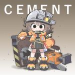  1girl arknights black_eyes brown_hair cement_(arknights) character_name chibi drill gradient_background hard_hat helmet jacket malrangdonut orange_footwear orange_jacket shield 