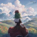  1girl absurdres blue_sky commentary_request dress flower from_behind green_hair guilty_merlin hair_ribbon highres kagiyama_hina mixed-language_commentary mountain outdoors red_dress red_ribbon ribbon short_hair short_sleeves signature sky solo touhou 