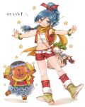  1girl belt blue_eyes blue_hair bracelet braid braided_ponytail camus_(dq11) dragon_quest dragon_quest_xi full_body grin hair_ribbon hero_(dq11) jewelry long_hair longdenkikettle looking_at_viewer maya_(dq11) navel red_vest ribbon scarf shorts simple_background single_braid smile solo vest white_background 